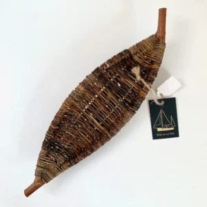 a sculptural long narrow tray in the shape of a leaf made from wild foraged willow