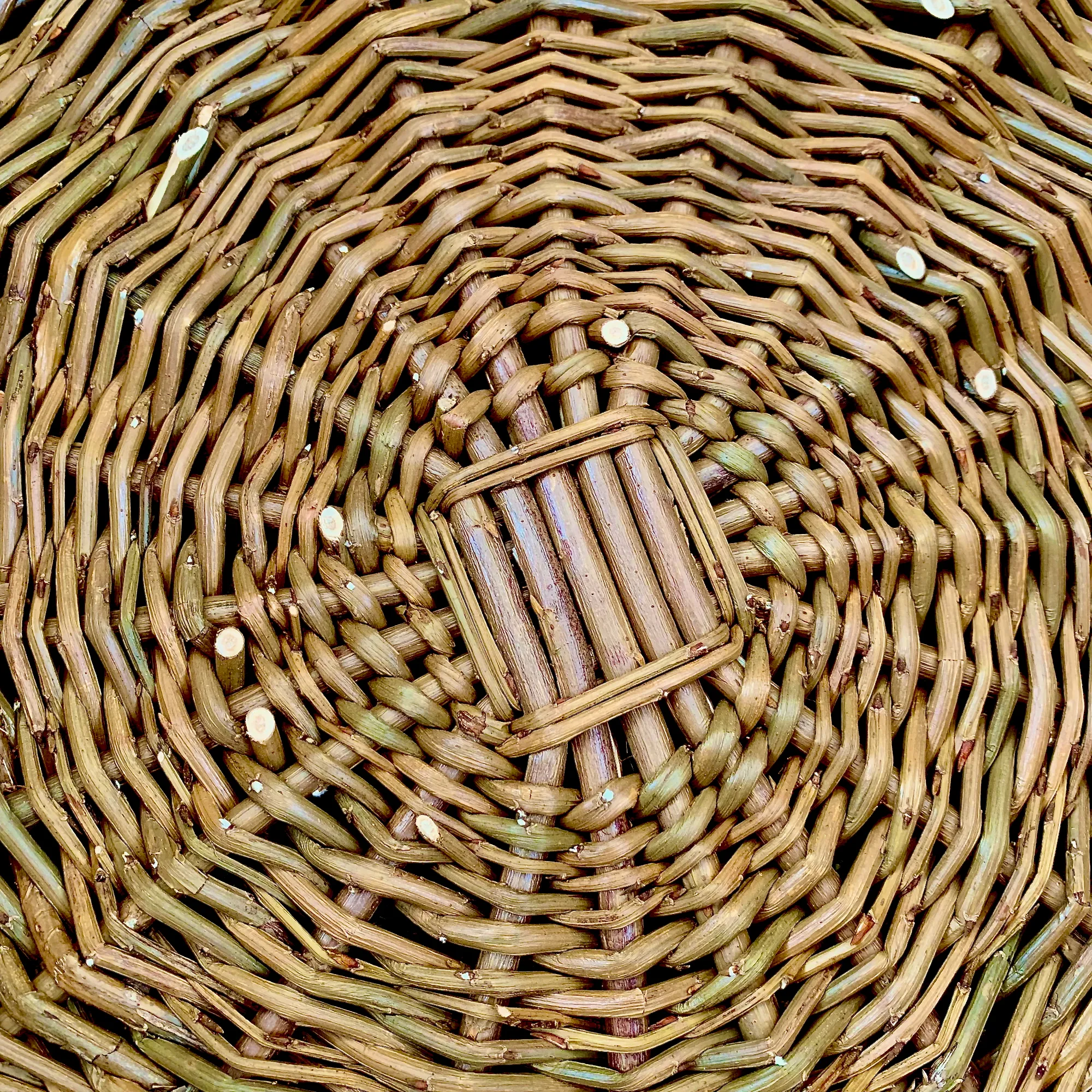 close up of the centre of a large willow basket