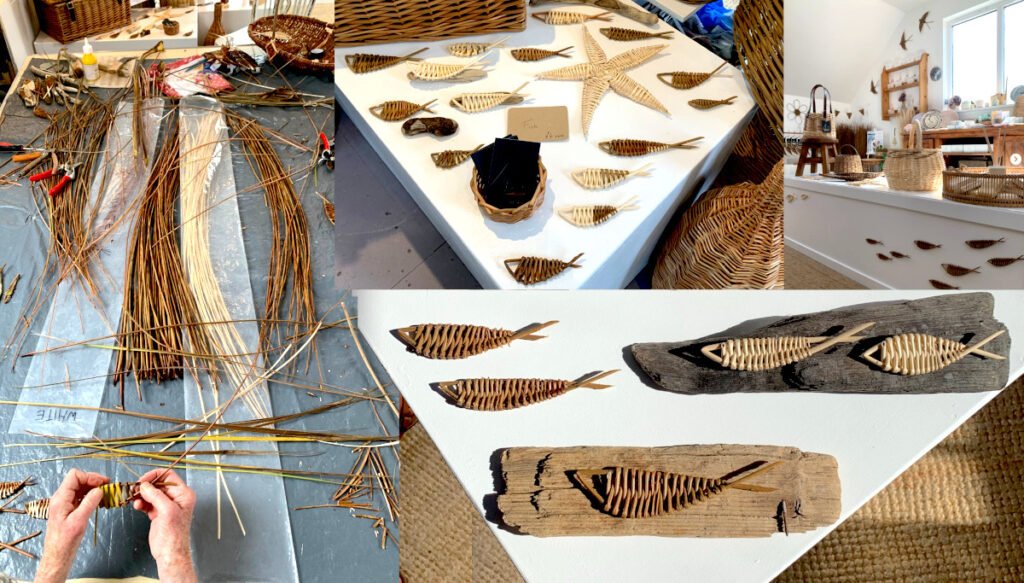 A photomontage of willow at sea willow fish weaving workshops